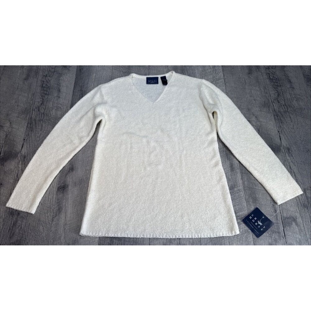Crazy Horse Liz Claiborne Sweater Womens Small Ivory V Neck Knit Retro Y2K NEW‎